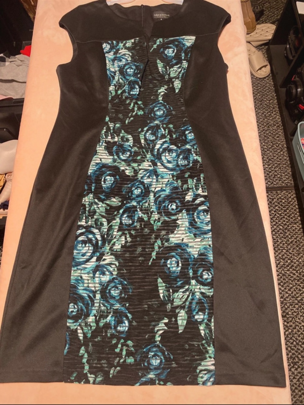 connected apparel Black Dress with Teal and Blue Floral Panel